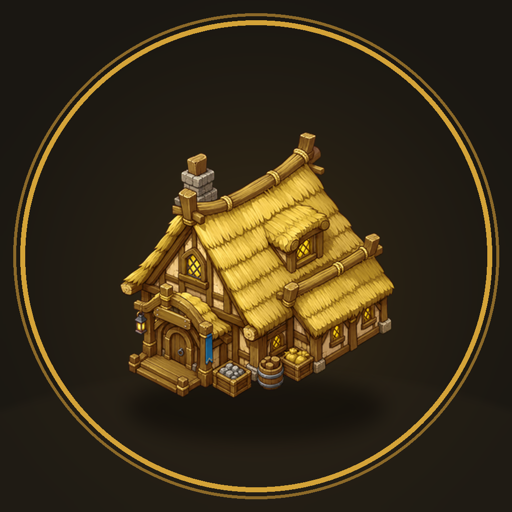 Age of Towers app icon: a thatch-roofed settlement building ringed in brass