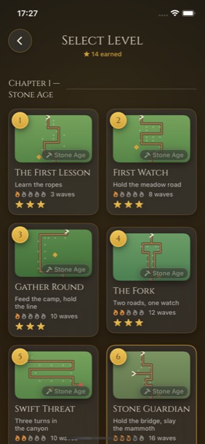Campaign level select listing the six Stone Age levels with their wave counts and earned star ratings