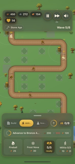 Stone Age board mid-wave: archer towers firing on enemies advancing along the road, with damage numbers and range indicators