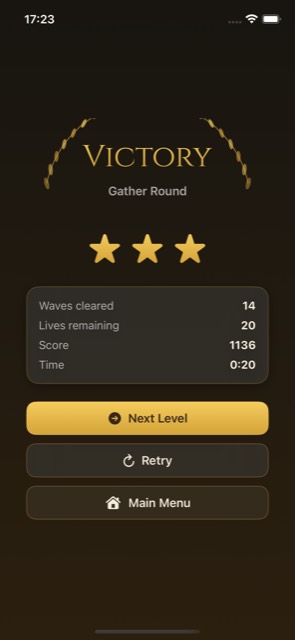Victory screen with three gold stars, showing waves cleared, lives remaining, score and time